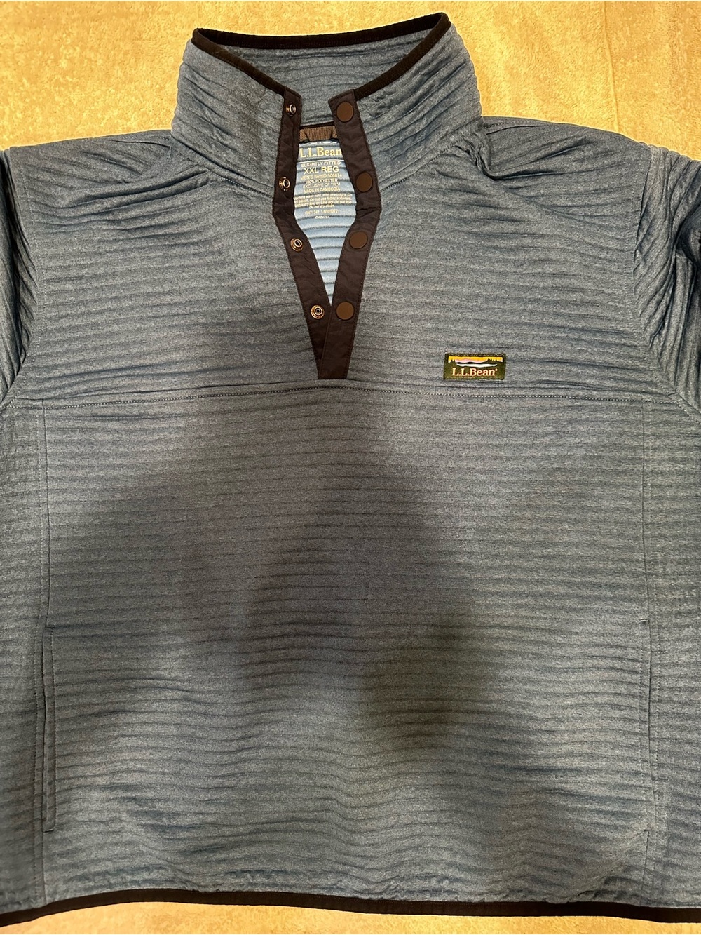 L.L. Bean Men's Heather Blue Striped Quarter-Snap Pullover with Dark Trim